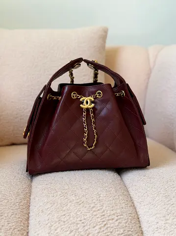 Burgundy Quilted Designer-Style Chain Drawstring Handbag