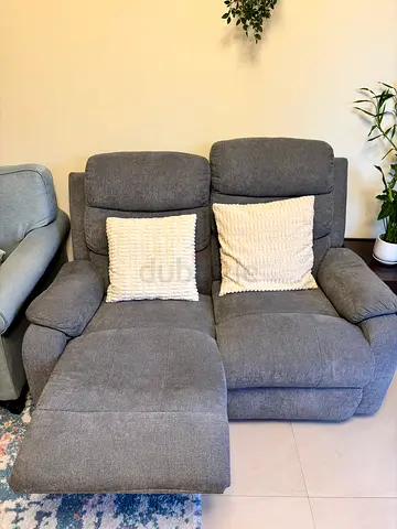 Pair of Comfortable Grey Fabric Recliner Chairs with Footrest
