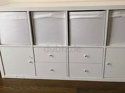 White Storage Cabinet with drawers and fabric bins