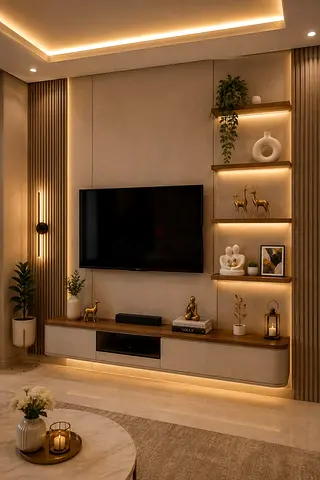 Modern wall-mounted entertainment center with built-in shelves and LED lighting