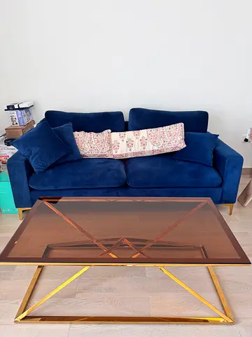 Blue Velvet 3-Seater Sofa & 2-seater sofa blue & red 2-seater sofa, with Glass Coffee Table set