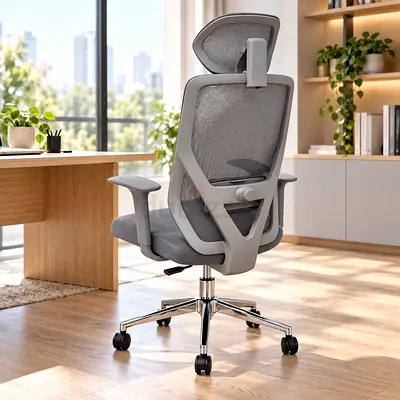 Modern Grey High Back Mesh Office Chair – Ergonomic Desk Chair with Headrest & Lumbar Support
