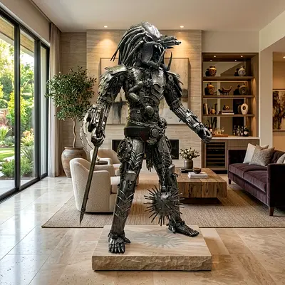 Large Handcrafted Metal Predator Warrior Sculpture - Life-Size Decorative Statue