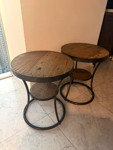 Set of 2 Round Wooden Nesting Side Tables with Metal Frames