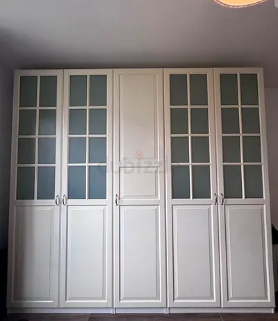 Large White Freestanding Wardrobe / Armoire with Glass-Panel Doors