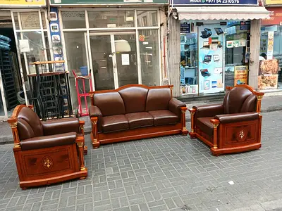 Solid Wood Classic 3-Seater Sofa Set with Two Armchairs - Brown Leatherette