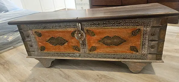 Hand-carved Wooden Trunk / Coffee Table with Metal Accents
