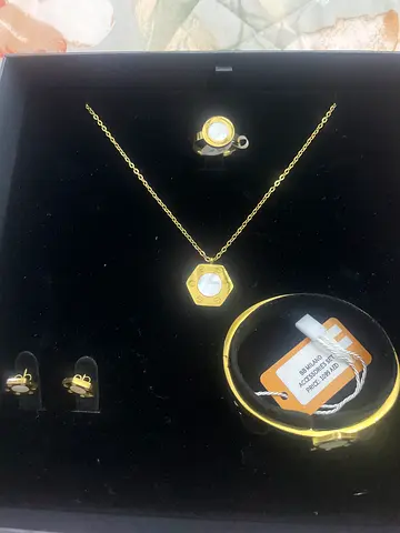 Gold-tone matching necklace, bracelet, ring and earrings set with white stones