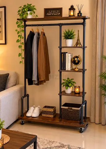 Industrial Pipe Clothing Rack with Shelves on Wheels size 170x110cm