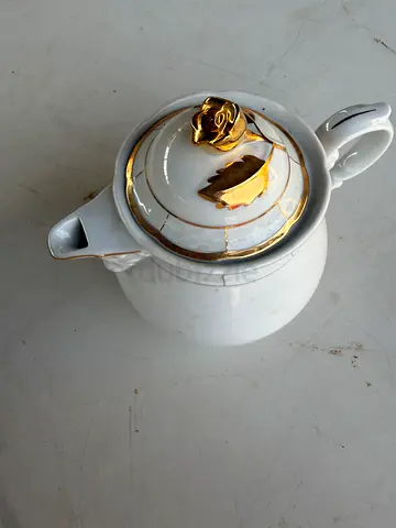White Porcelain Teapot with Gold Rose Detail - Used