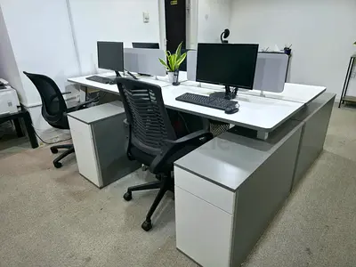 Modern 4-Seat Office Workstation Desk Set with Pedestals and Chairs