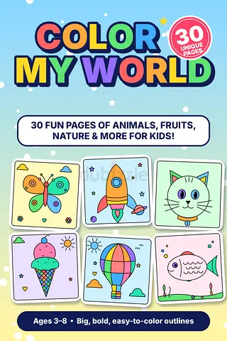 Kids coloring book - 30 fun & unique pages with animals, fruits,  nature and much more - digital PDF