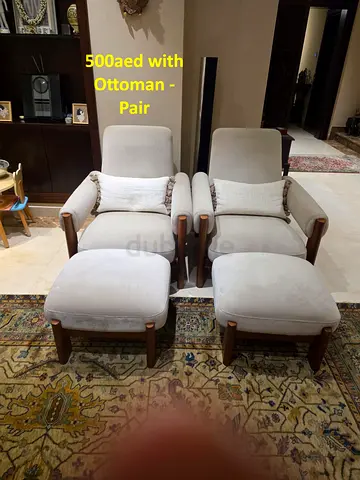 Pair of Comfortable Armchairs with Ottomans - Beige Fabric, Wooden Frame