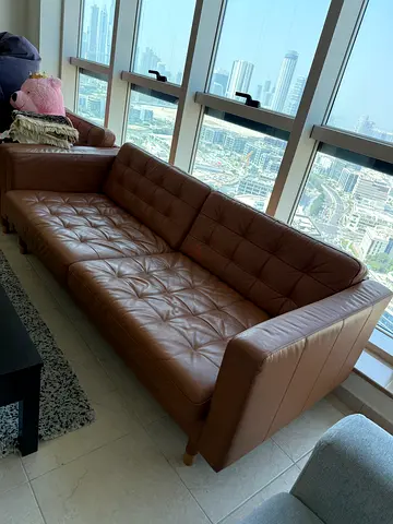 3-Seat Ikea Sofa - Golden Brown Leather - Wood