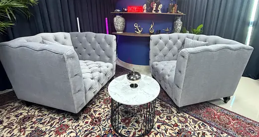 Pair of Grey Tufted Armchairs — Comfortable Sofa Chairs