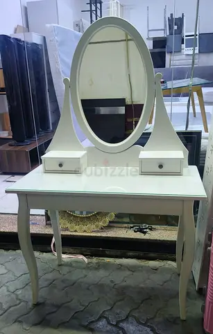 White Wooden Dressing Table with Oval Mirror and Drawers