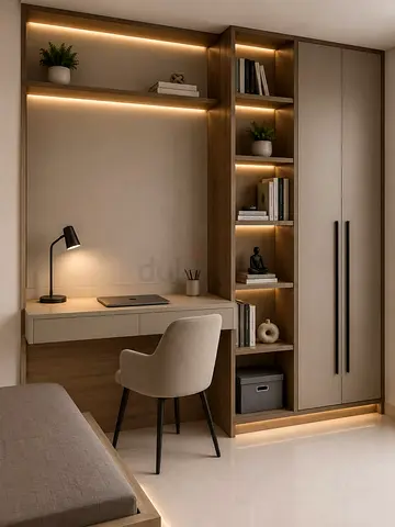 Built-in Wardrobe with Integrated Desk and Shelving — Modern Wood Finish