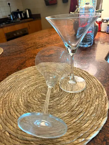 Set of 2 Martini/Cocktail Glasses - Clear Glass, Good Condition plus 2 champaign 2 wine glasses