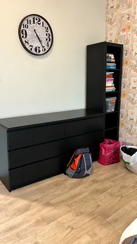 IKEA black dresser with matching tall shelving unit - good condition