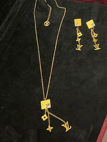 Premium Luxury LV-Style Golden Necklace & Earrings Jewelry Set
