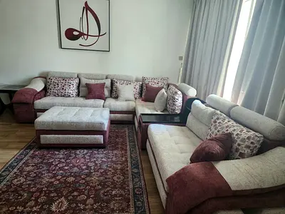 5-Seater L-Shaped Sofa Set with Ottoman - Beige & Maroon, Good Condition. Availble last week of Nov