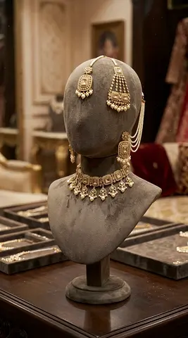 Gold-tone Indian bridal necklace set with matching earrings and maang tikka jhumer full set