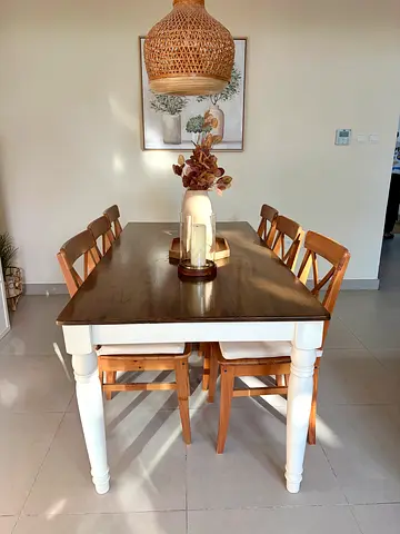 Solid Wood 6-Seater Dining Table with Chairs - Light Natural & White