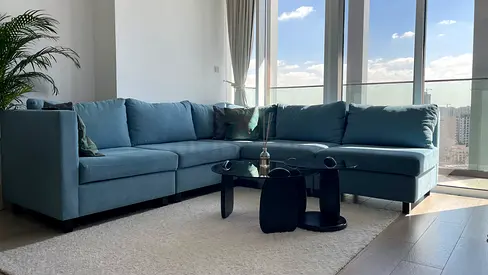 Light Blue L-Shaped Corner Sofa in Excellent Condition