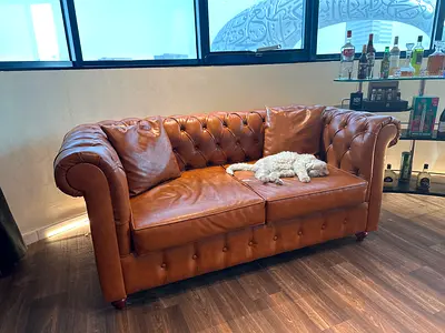 2-seater Chesterfield leather sofa - tan, good condition