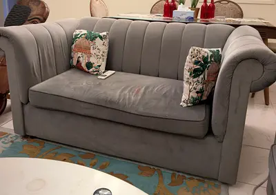 Grey 7-Seater Velvet Sofa in Good Condition with center table