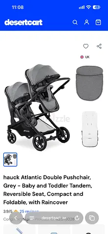 Hauck Atlantic Double Tandem Pushchair - Grey, Reversible Seats, Foldable