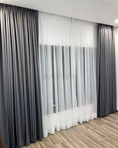Full-length Grey Blackout Curtains with White Sheer Set - Like New