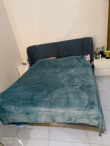 Queen fabric bed with upholstered headboard, gently used