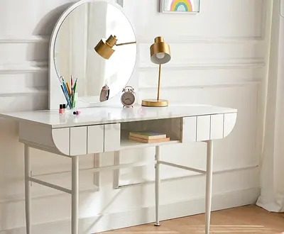 White Vanity Dressing Table with Round Mirror and Drawers