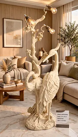 Decorative Crane Floor Lamp Sculpture - Beige Resin