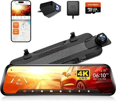 WOLFBOX G930 10'' Rear View Mirror Camera with 5.8GHz WiFi, 4K Dash Cam Front and Rear with WDR, Tou