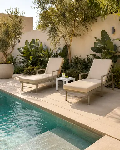 Danube Home Pair of Outdoor Sun Loungers with Cushions and side Table