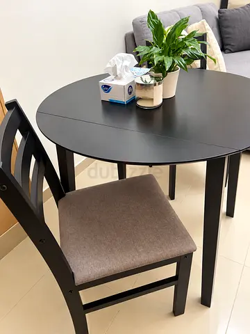 Black Drop-Leaf Round Dining Table with 2 Chairs - good condition