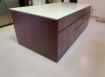 Large Wooden Kitchen Island with Marble Top and Storage Drawers