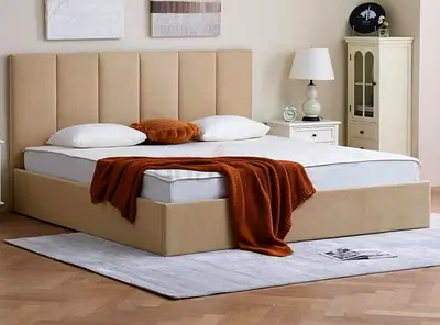 New King Size Upholstered Bed Frame with Padded Headboard - Beige