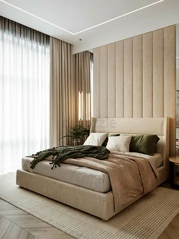 Beige Upholstered with Headboard and Base