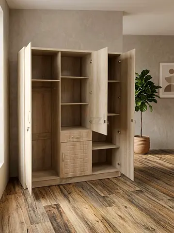 3-Door Wooden Wardrobe with Shelves and Drawers - Light Oak