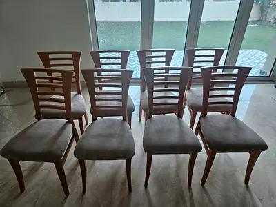 Set of 8 Wooden Dining Chairs with Upholstered Seats - Light Wood