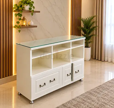 White Wooden Cabinet with Glass Top and Storage Shelves