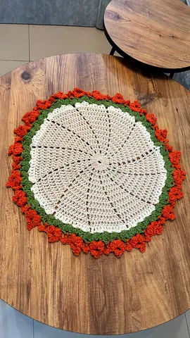 Handmade Crochet Round Table Doily - Cream with Green & Orange Edging