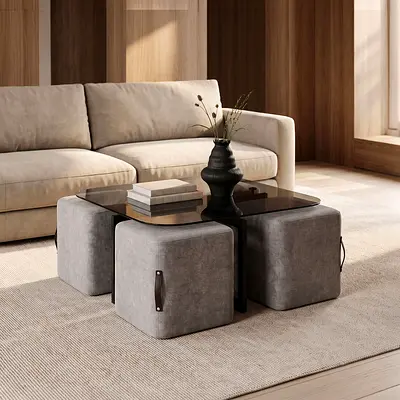 New Movo-Catalina Glass Top Coffee Table with 4 Stools