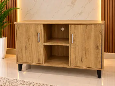Wooden Cabinet with Storage Shelves - Light Oak Finish