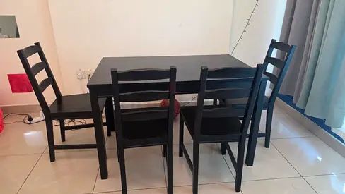 Collect by Wed, 21 Oct - Black Wooden Dining Table with 4 Chairs - Solid Compact Set