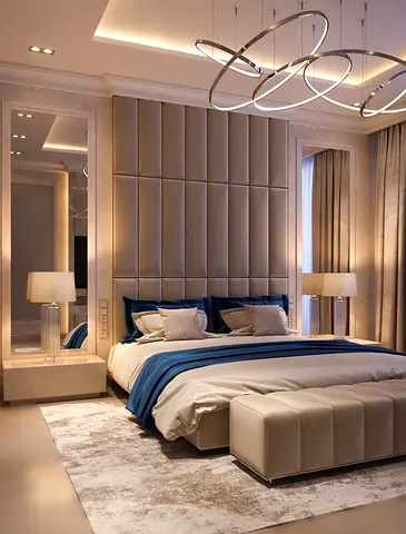 Modern upholstered king bed with padded headboard