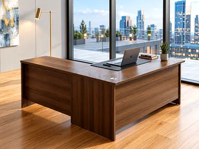 Modern Walnut Grey L Shape Executive Office Desk – Manager Corner Table with Mobile Drawer Cabinet